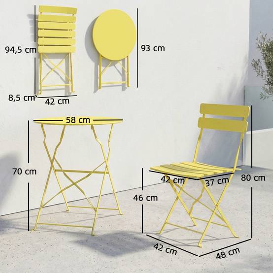 Sans Marque - Ensemble Bistrot Jardin 3 Pièces Table 2 Chaises Pliantes Lattes Double Protection Antirouille Jaune - Image 5