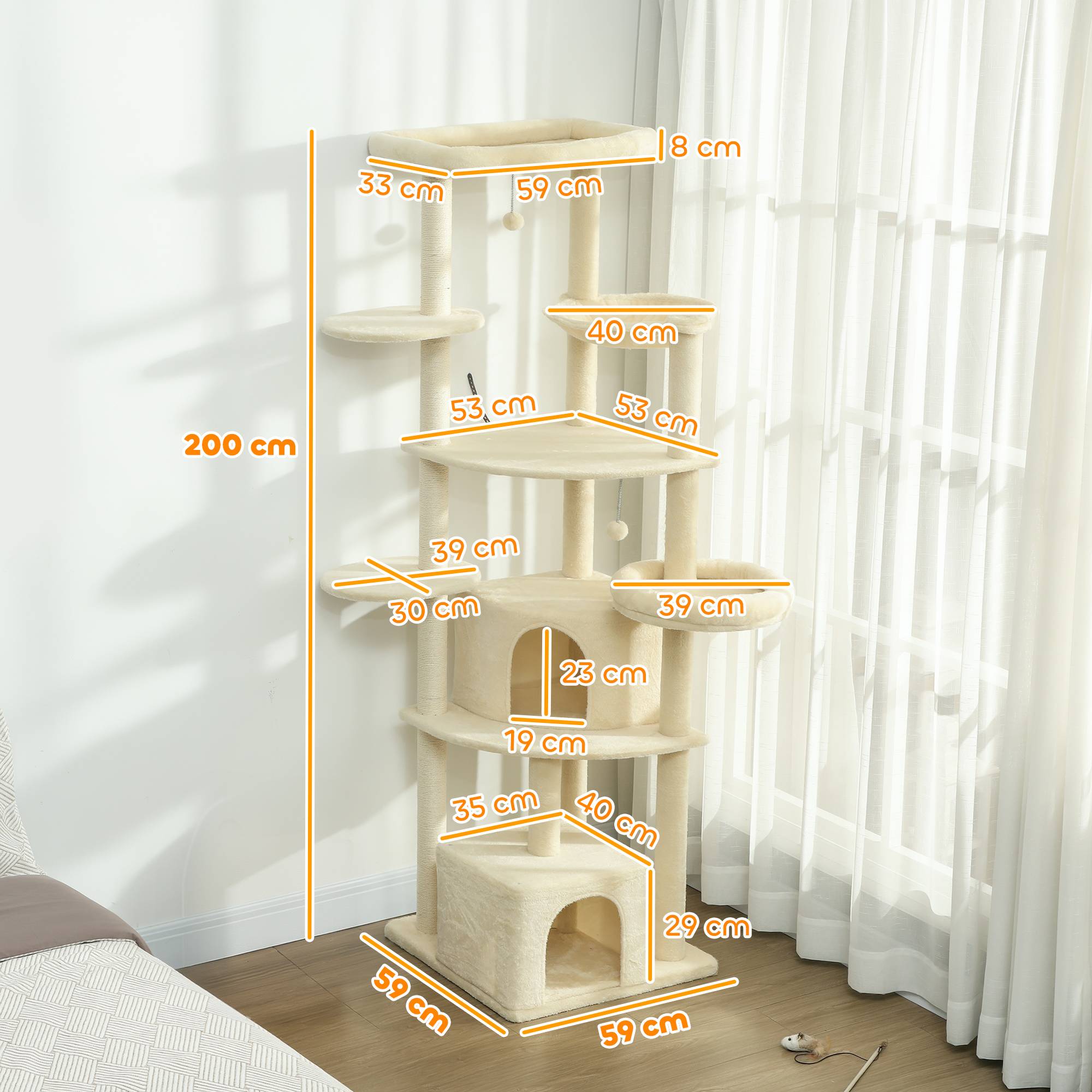Arbre à chat 2 m pour 2-3 chats, griffoirs, niches, hamac, cachettes, multi-étages, sisal, bois, beige - Image 5
