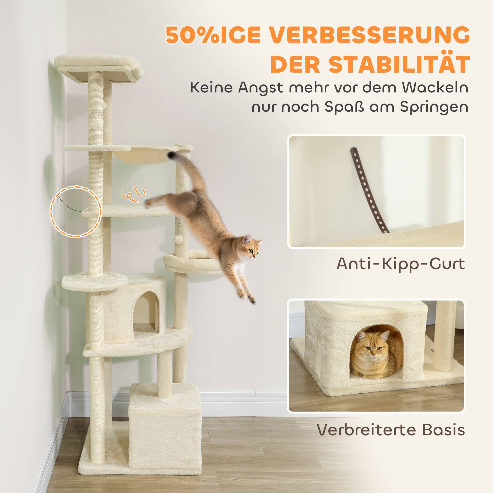 Arbre à chat 2 m pour 2-3 chats, griffoirs, niches, hamac, cachettes, multi-étages, sisal, bois, beige - Image 10