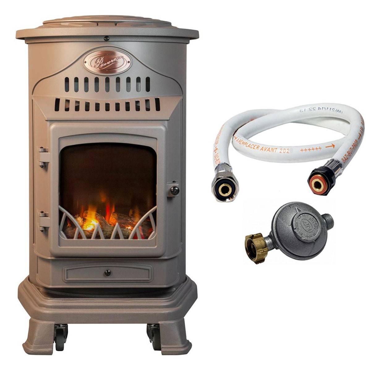 Universal - Poele à gaz 3,4 KW MARRON Effet poêle à bois Fonte véritable + Tuyau gaz + détendeur butane Provence Sahara - Imagen 1