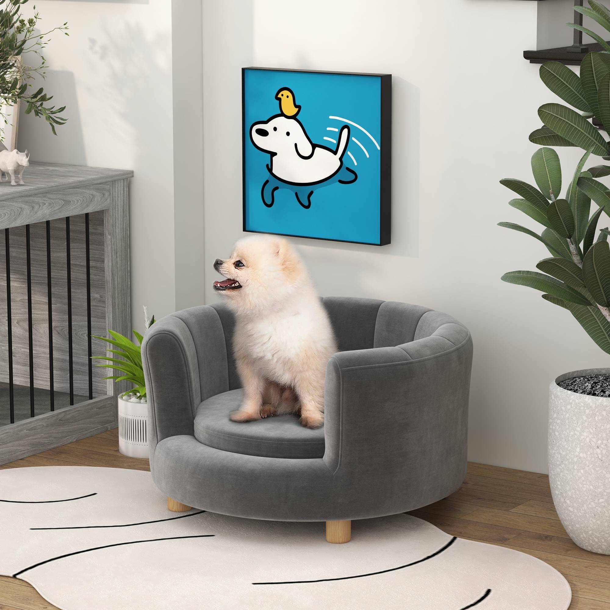 Sans Marque - Panier chiens chats pieds bois surélevé flanelle coussin amovible gris - Image 4
