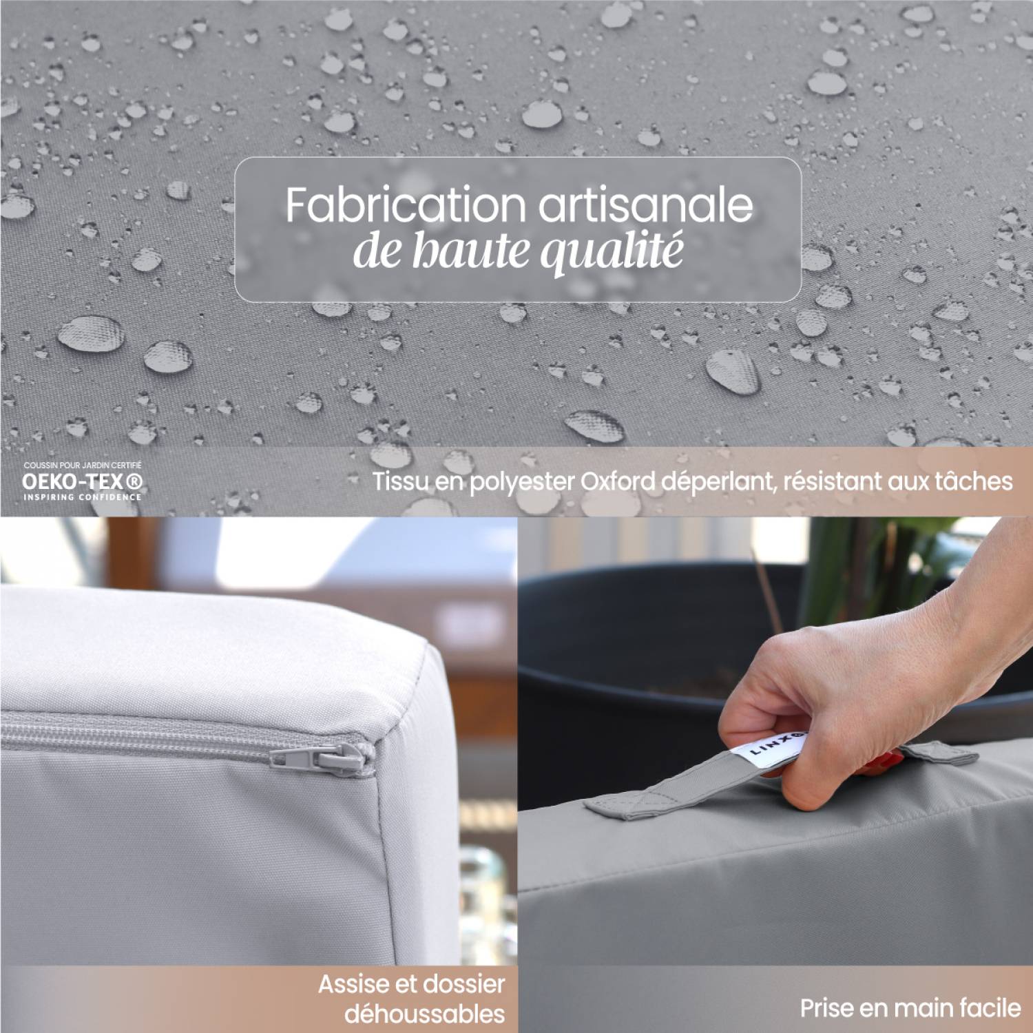 Kit de coussins pour salon de jardin déhoussables - 60 x 60 cm - Gris clair - Linxor - Image 3