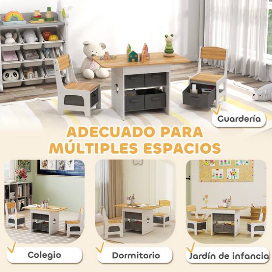 Table enfant avec 2 chaises, 6 tiroirs tissus motifs étoiles, pour garçons filles 3-8 ans, naturel - Image 9
