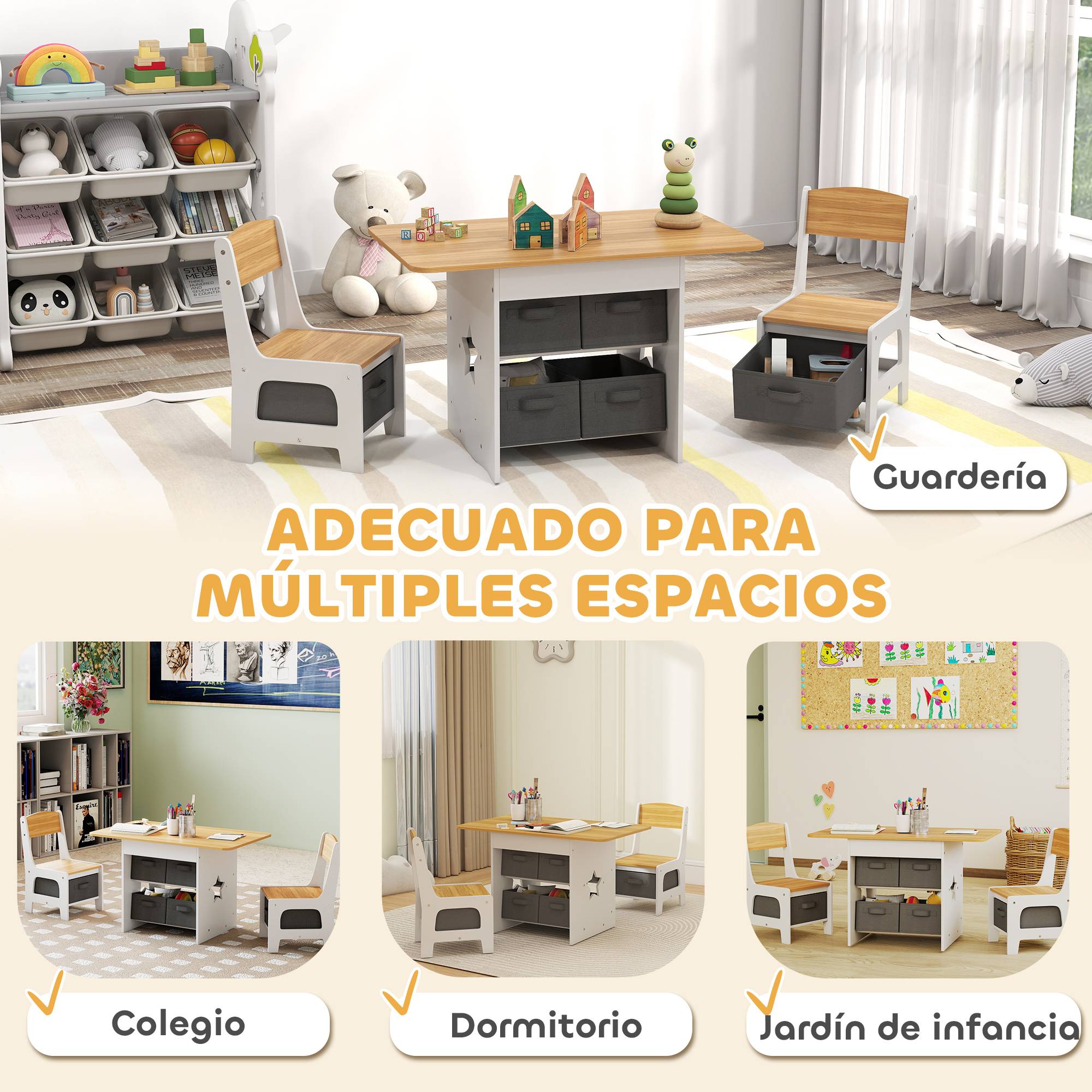Table enfant avec 2 chaises, 6 tiroirs tissus motifs étoiles, pour garçons filles 3-8 ans, naturel - Image 9