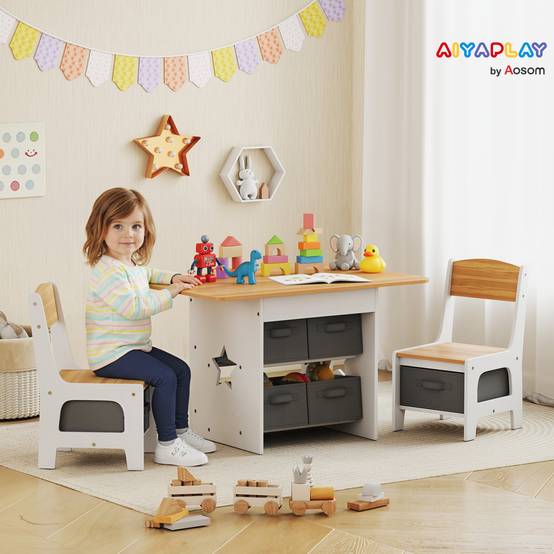 Table enfant avec 2 chaises, 6 tiroirs tissus motifs étoiles, pour garçons filles 3-8 ans, naturel - Image 3