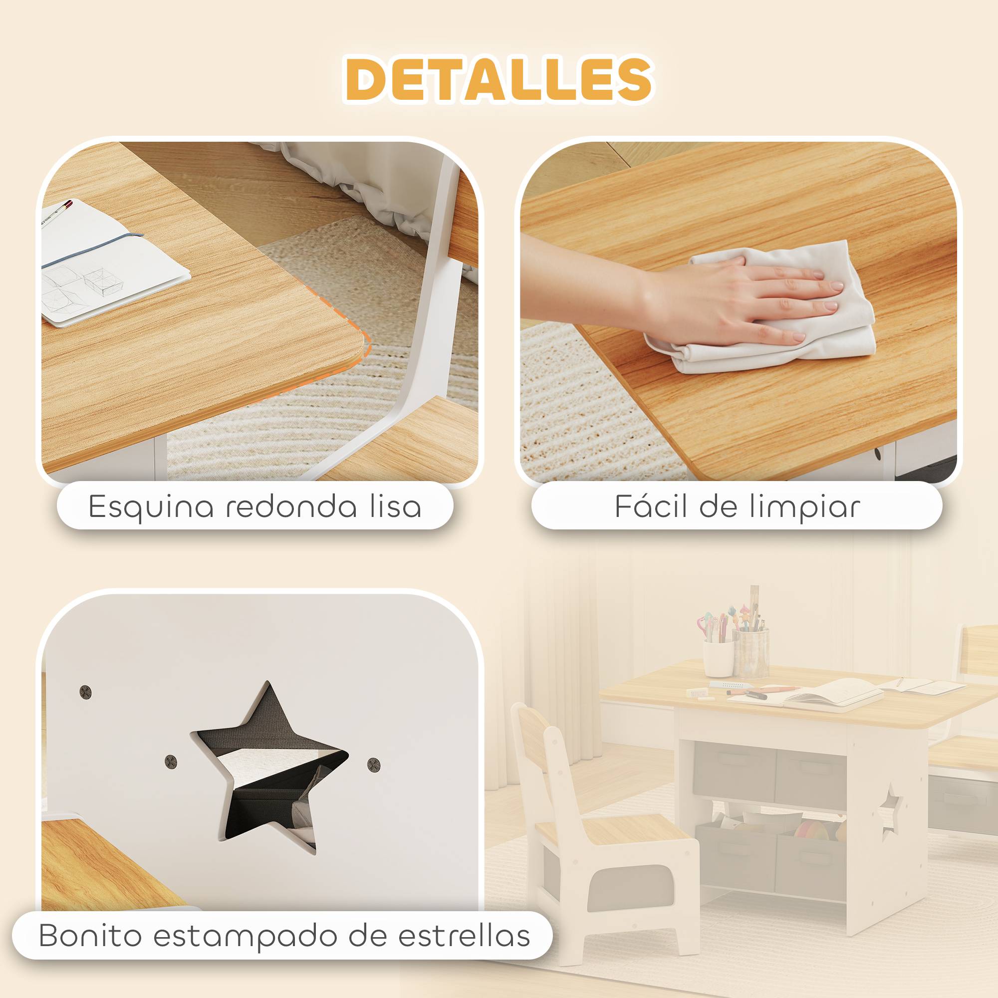 Table enfant avec 2 chaises, 6 tiroirs tissus motifs étoiles, pour garçons filles 3-8 ans, naturel - Image 8