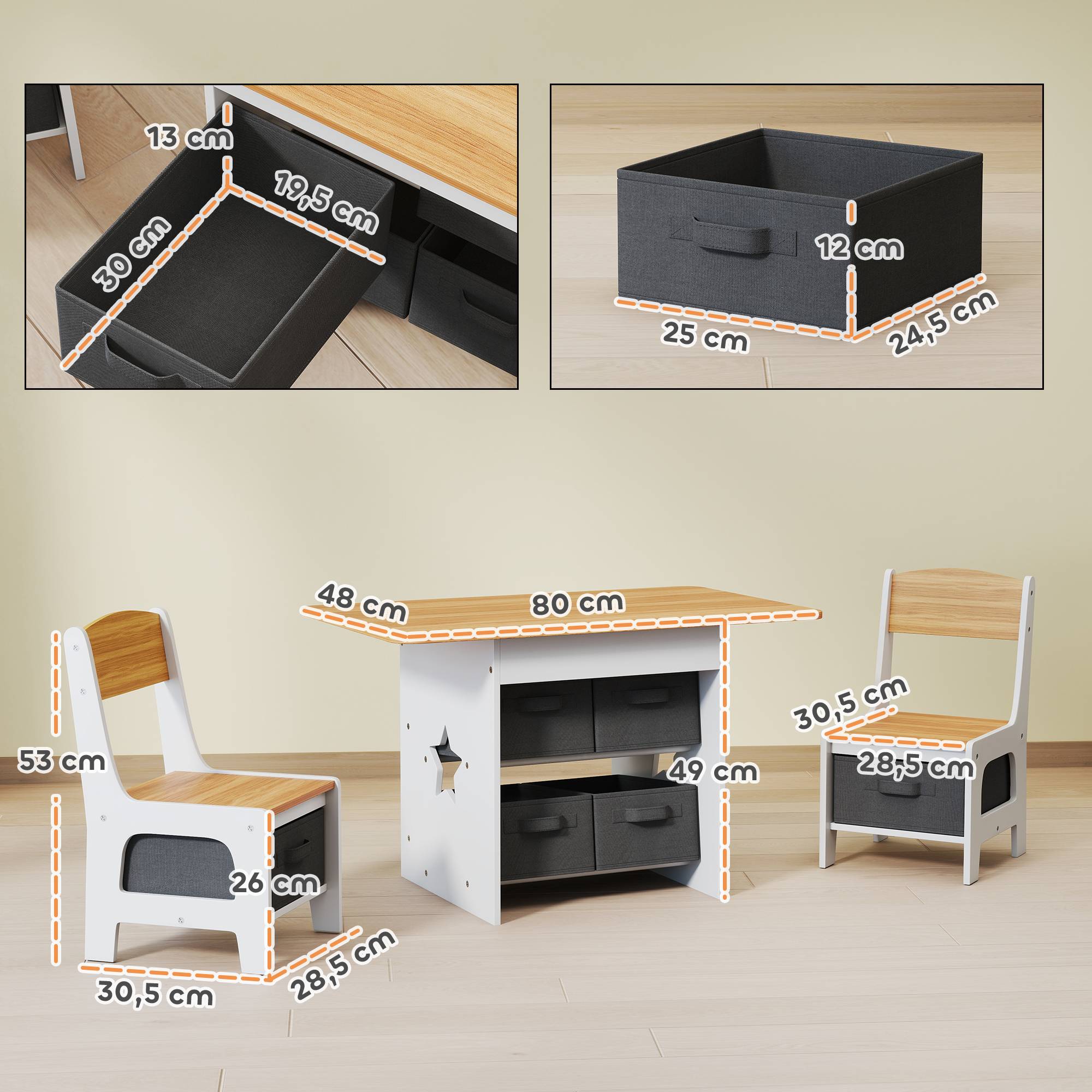 Table enfant avec 2 chaises, 6 tiroirs tissus motifs étoiles, pour garçons filles 3-8 ans, naturel - Image 5