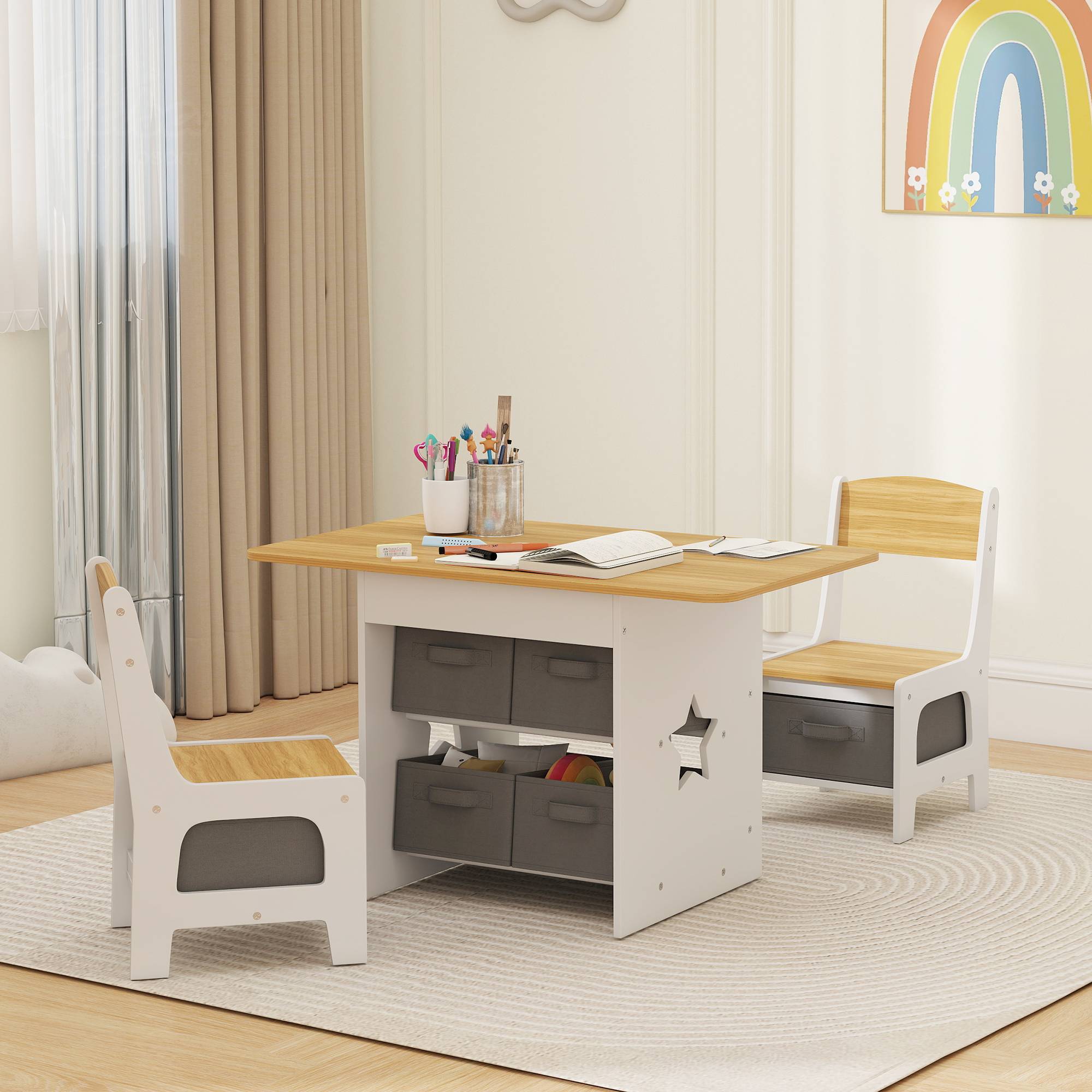 Table enfant avec 2 chaises, 6 tiroirs tissus motifs étoiles, pour garçons filles 3-8 ans, naturel - Image 4