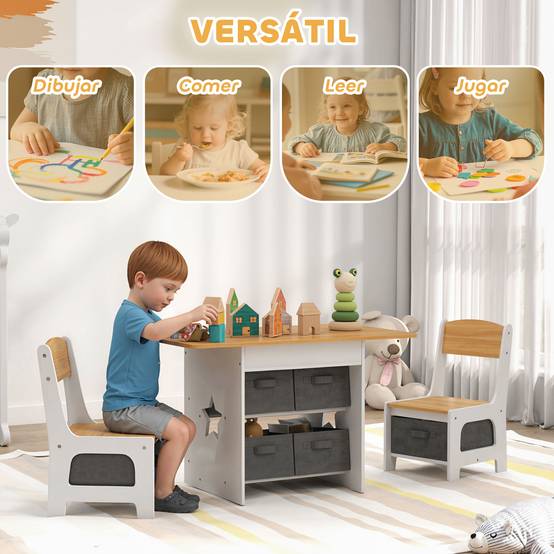 Table enfant avec 2 chaises, 6 tiroirs tissus motifs étoiles, pour garçons filles 3-8 ans, naturel - Image 6