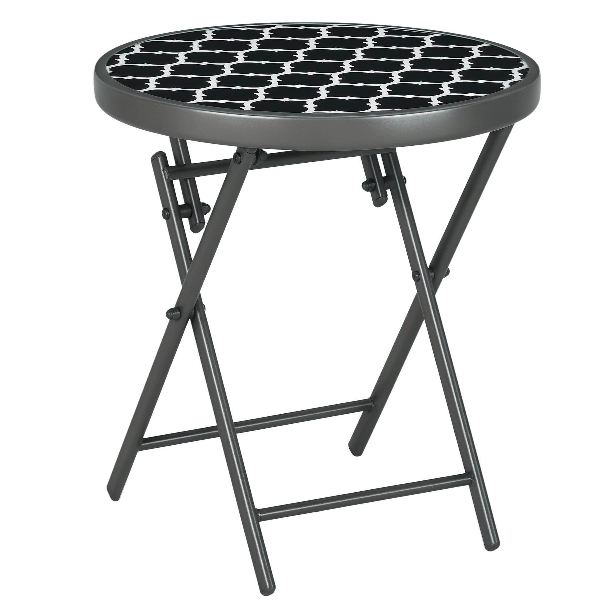 Table basse pliante table d'appoint pliante plateau en verre trempé motifs noirs et blancs en métal Ø 45 x 50 cm noir - Image 1