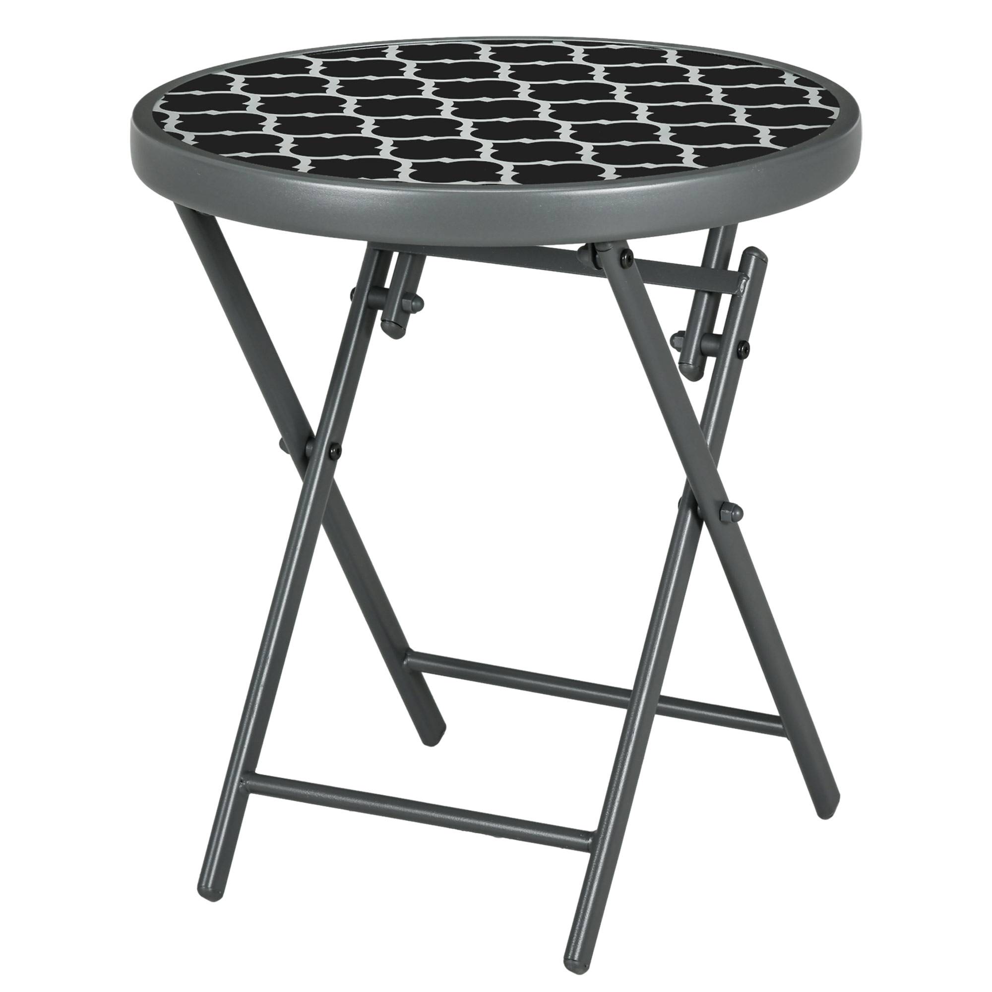Table basse pliante table d'appoint pliante plateau en verre trempé motifs noirs et blancs en métal Ø 45 x 50 cm noir - Image 2