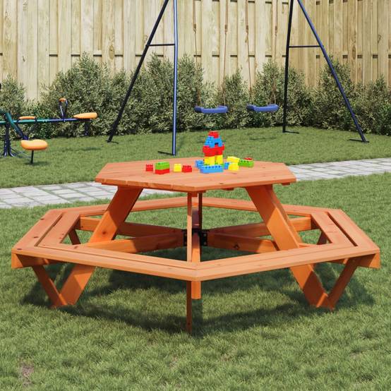Table de jardin - Table de pique-nique pour 6 enfants avec bancs hexagonal sapin HL990 - Image 2