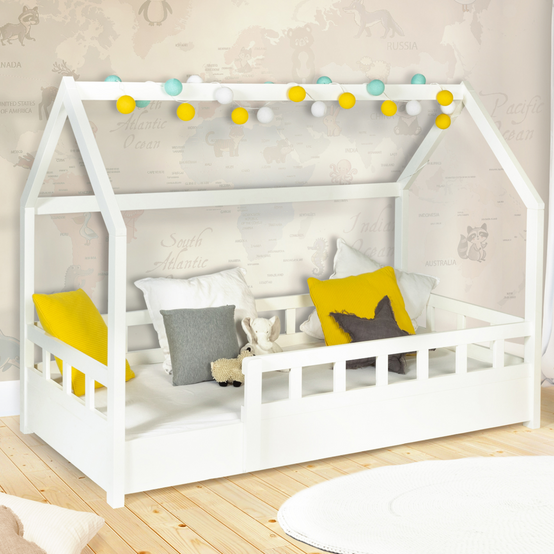 Lit cabane enfant 80 x 160 CM NEREE blanc avec sommier et barrières - Image 1