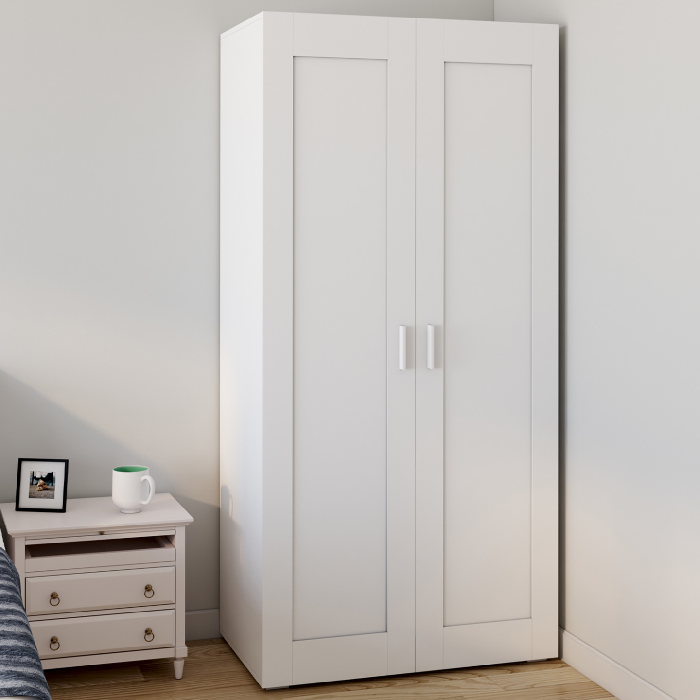 Armoire 2 portes VITO blanc penderie 80 cm avec étagères rangement maxi capacité - Image 1
