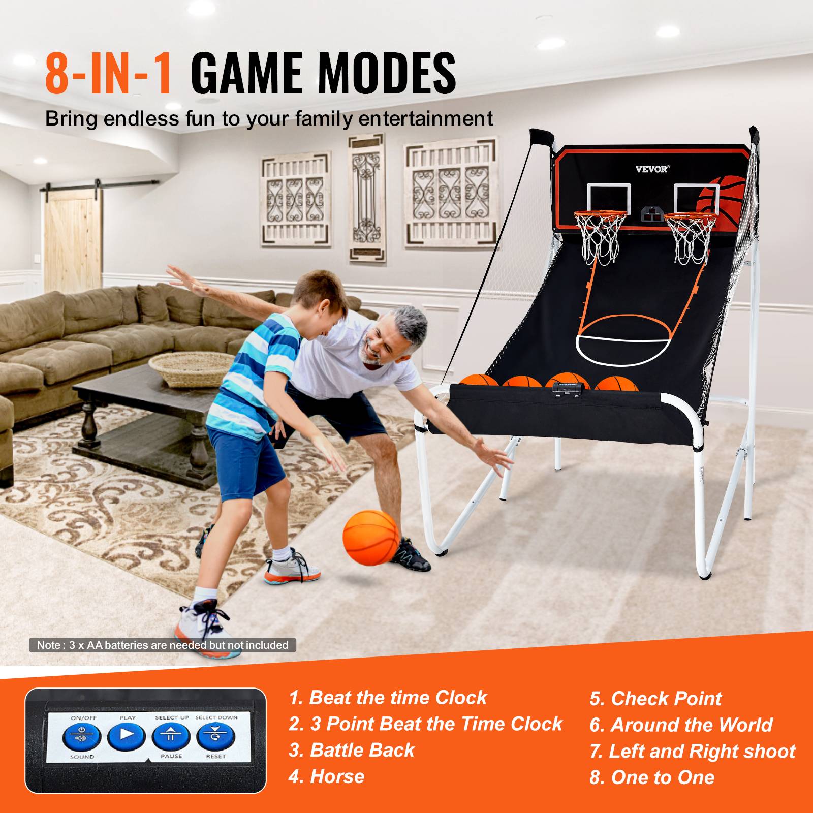 VEVOR Jeu arcade basketball pliable, 2 joueurs, double panier. 5 ballons, tableau électronique, pompe. Noir/blanc. - Image 4