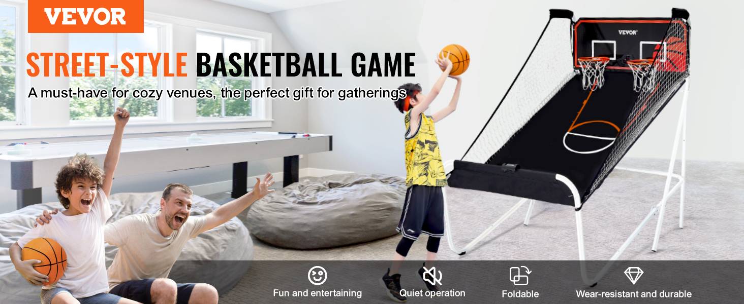 VEVOR Jeu arcade basketball pliable, 2 joueurs, double panier. 5 ballons, tableau électronique, pompe. Noir/blanc. - Image 9