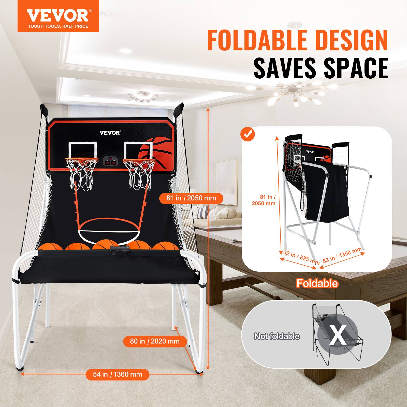 VEVOR Jeu arcade basketball pliable, 2 joueurs, double panier. 5 ballons, tableau électronique, pompe. Noir/blanc. - Image 2