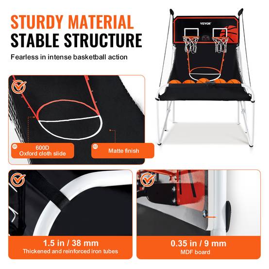 VEVOR Jeu arcade basketball pliable, 2 joueurs, double panier. 5 ballons, tableau électronique, pompe. Noir/blanc. - Image 3