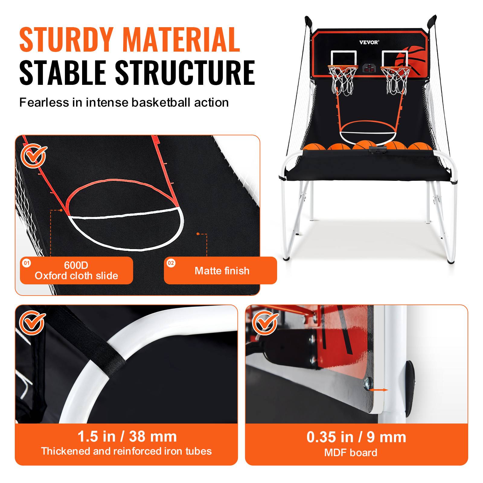 VEVOR Jeu arcade basketball pliable, 2 joueurs, double panier. 5 ballons, tableau électronique, pompe. Noir/blanc. - Image 3