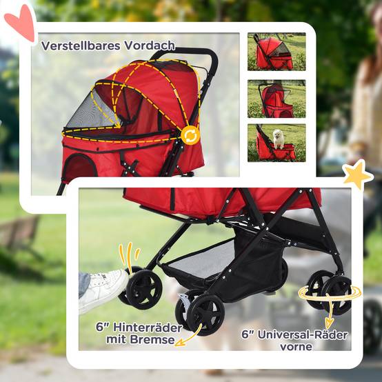 Poussette pour chien et chat tissu oxford rouge, 76,5x52x95cm, pour petits animaux - Image 4