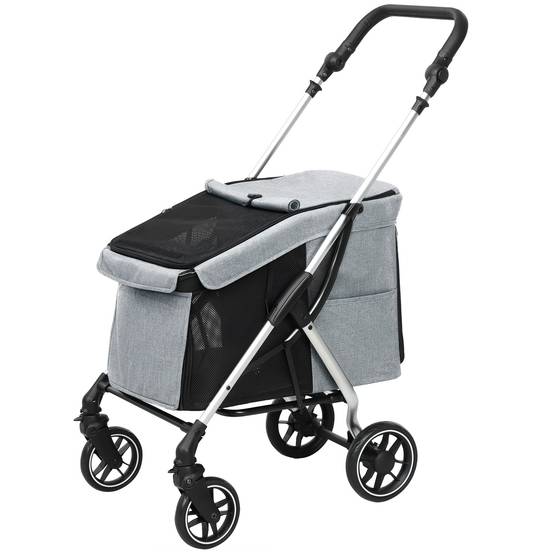 Poussette légère et pliable pour petits chiens, avec ventilation optimale, 80 x 48,5 x 106 cm, grise et argentée - Image 2