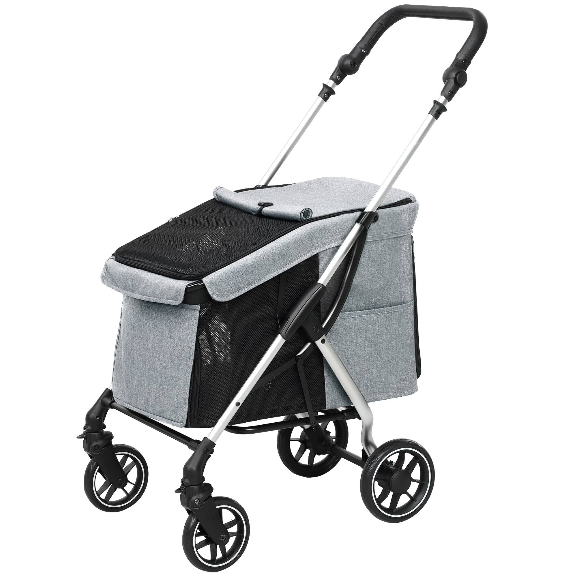 Poussette légère et pliable pour petits chiens, avec ventilation optimale, 80 x 48,5 x 106 cm, grise et argentée - Image 2