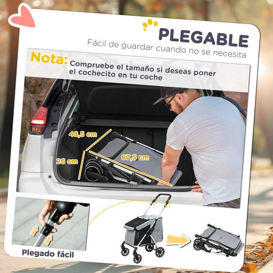 Poussette légère et pliable pour petits chiens, avec ventilation optimale, 80 x 48,5 x 106 cm, grise et argentée - Image 8