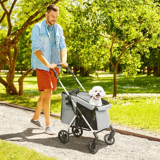 Poussette légère et pliable pour petits chiens, avec ventilation optimale, 80 x 48,5 x 106 cm, grise et argentée - Image 3