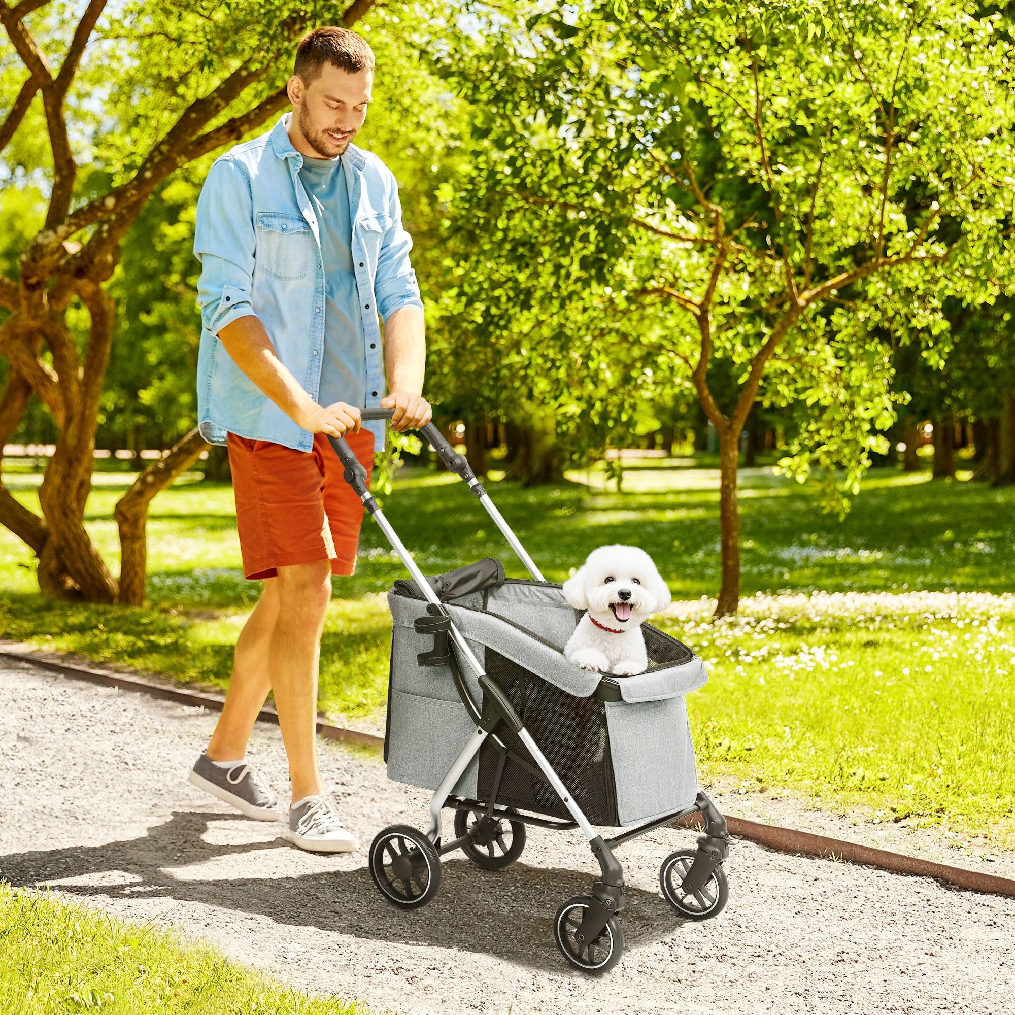 Poussette légère et pliable pour petits chiens, avec ventilation optimale, 80 x 48,5 x 106 cm, grise et argentée - Image 3