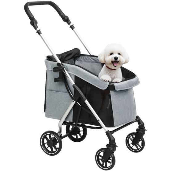 Poussette légère et pliable pour petits chiens, avec ventilation optimale, 80 x 48,5 x 106 cm, grise et argentée - Image 1