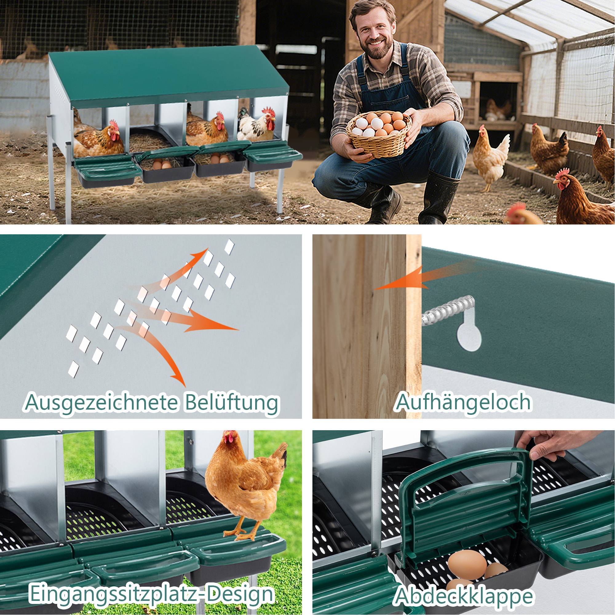 Pondoir 4 compartiments acier galvanisé pour poules collecte facile 107x33x81cm vert - ComfortXL Outdoor Living - Image 5