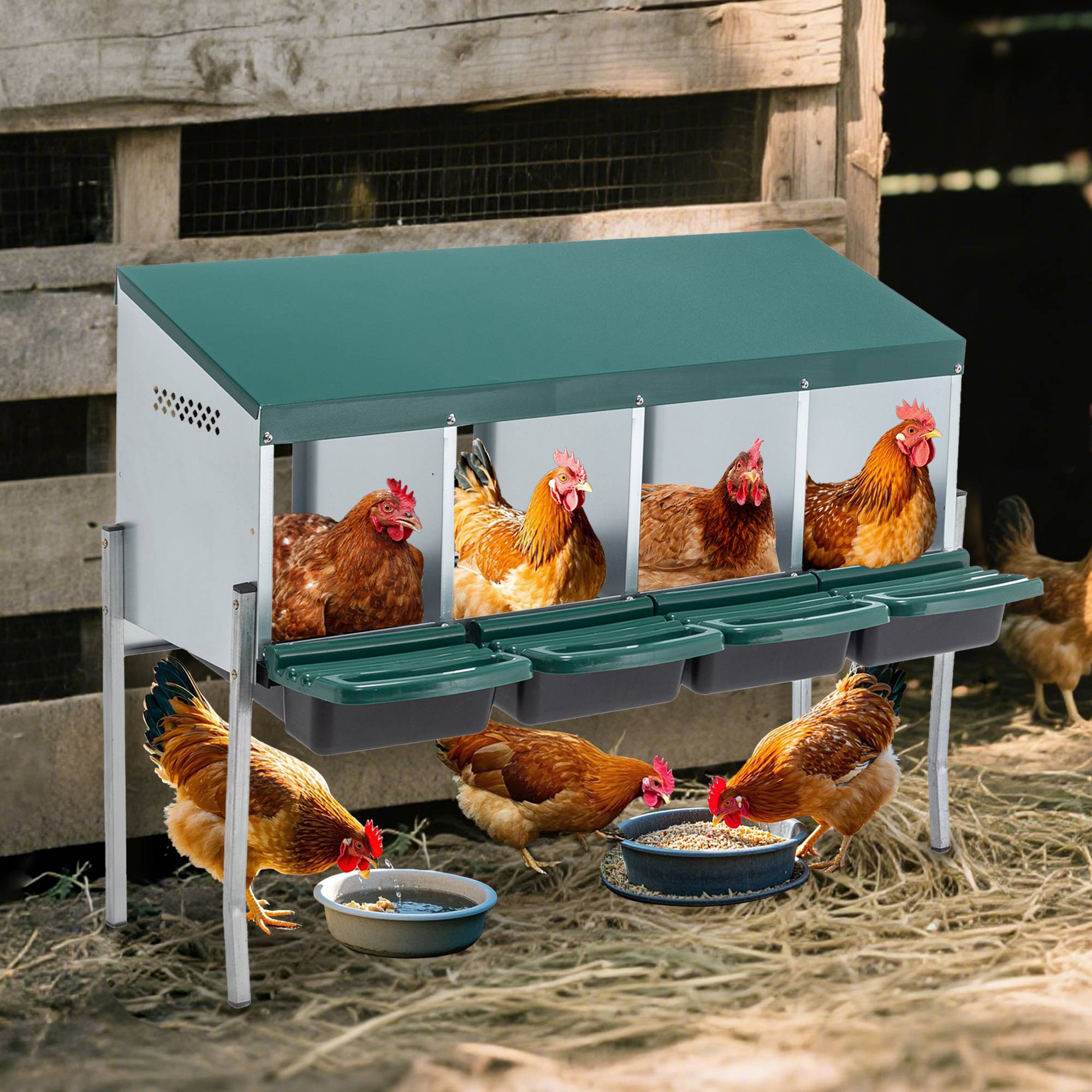Pondoir 4 compartiments acier galvanisé pour poules collecte facile 107x33x81cm vert - ComfortXL Outdoor Living - Image 1