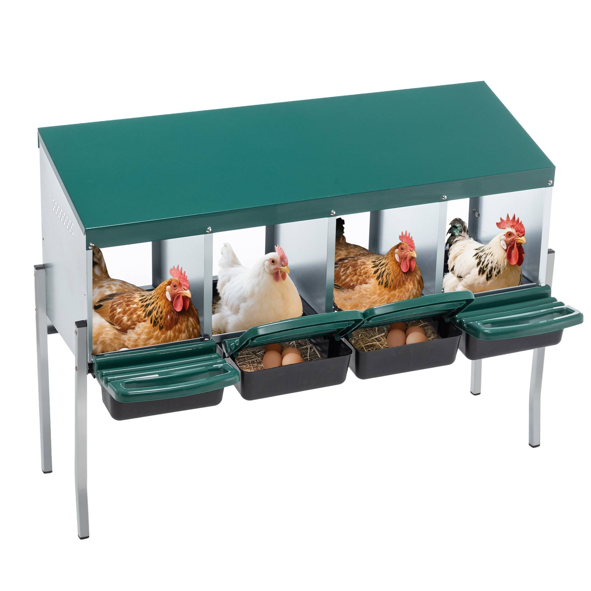 Pondoir 4 compartiments acier galvanisé pour poules collecte facile 107x33x81cm vert - ComfortXL Outdoor Living - Image 8