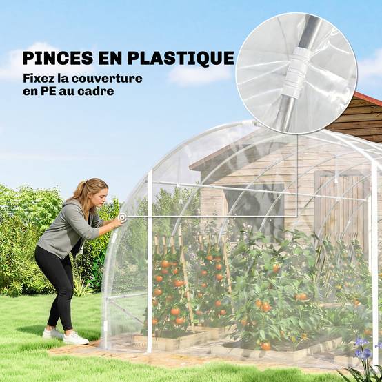 Serre tunnel de jardin 18m² serre de jardin tunnel 296x597x199cm cadre acier galvanisé, bâche PE 150g/m² transparent - Image 10