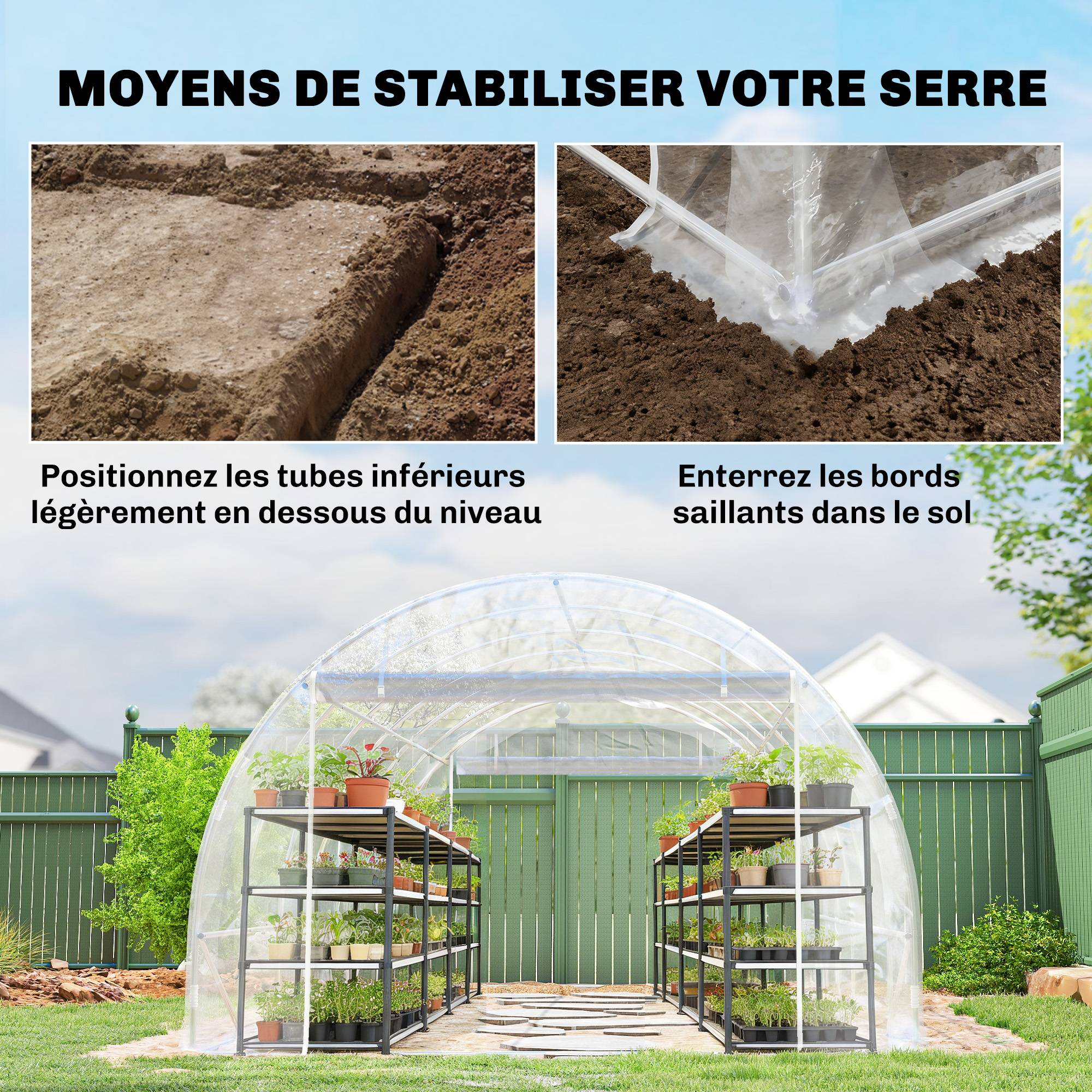 Serre tunnel de jardin 18m² serre de jardin tunnel 296x597x199cm cadre acier galvanisé, bâche PE 150g/m² transparent - Image 9