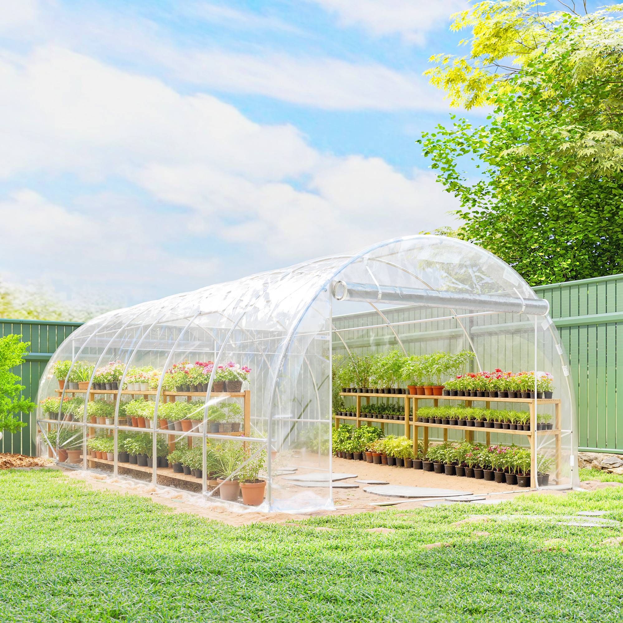 Serre tunnel de jardin 18m² serre de jardin tunnel 296x597x199cm cadre acier galvanisé, bâche PE 150g/m² transparent - Image 4