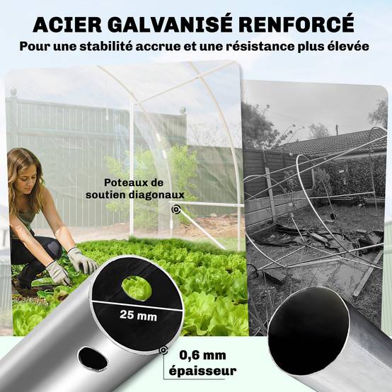 Serre tunnel de jardin 18m² serre de jardin tunnel 296x597x199cm cadre acier galvanisé, bâche PE 150g/m² transparent - Image 6