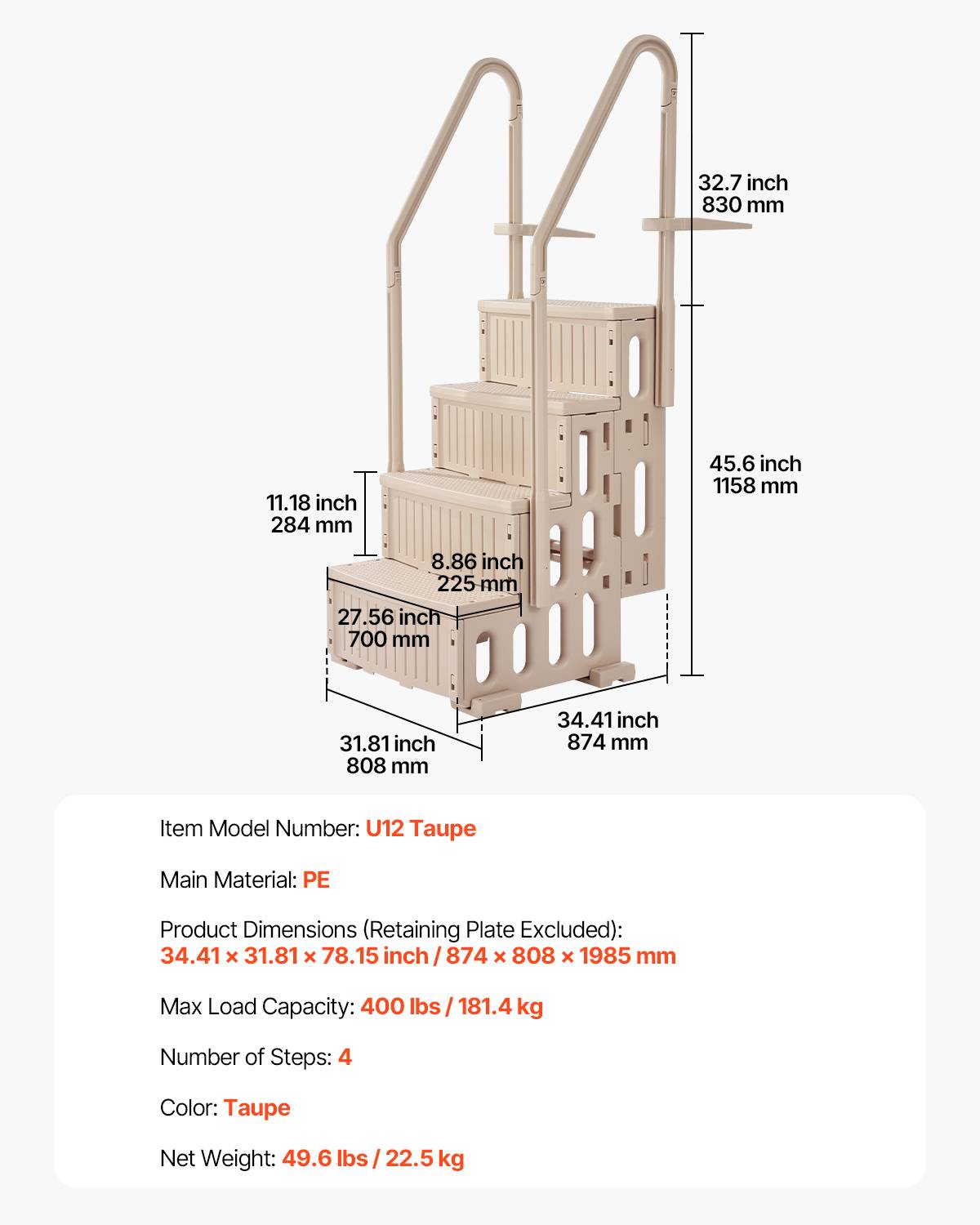 Vevor - VEVOR Escalier piscine plastique 2 rampes 4 marches anti-dérap., ch.181,4kg, piscines creusées 122-137cm, taupe. - Image 7