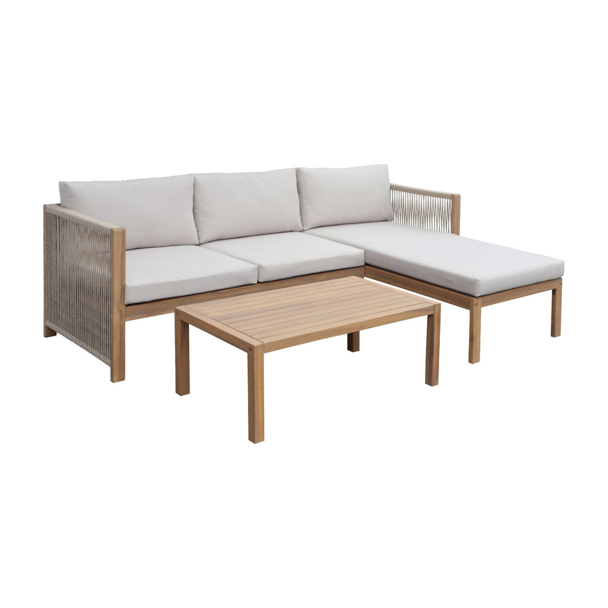 Salon de jardin d'angle bois d'acacia. corde et polyester 3 places table rectangulaire naturel et beige | sweeek - Image 2