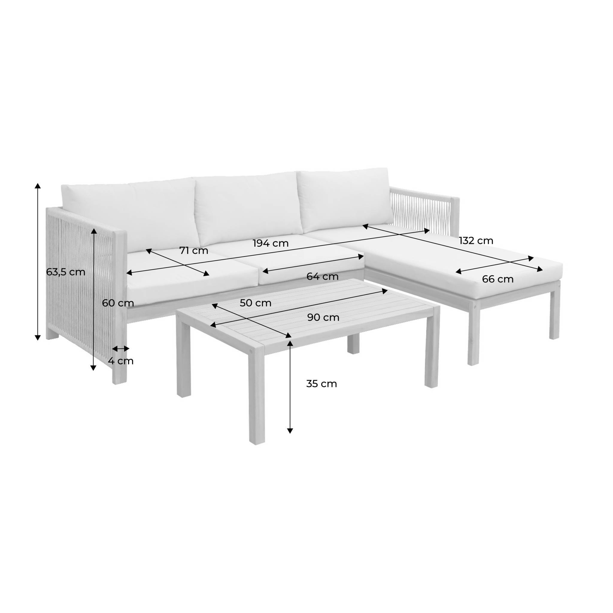 Salon de jardin d'angle bois d'acacia. corde et polyester 3 places table rectangulaire naturel et beige | sweeek - Image 6