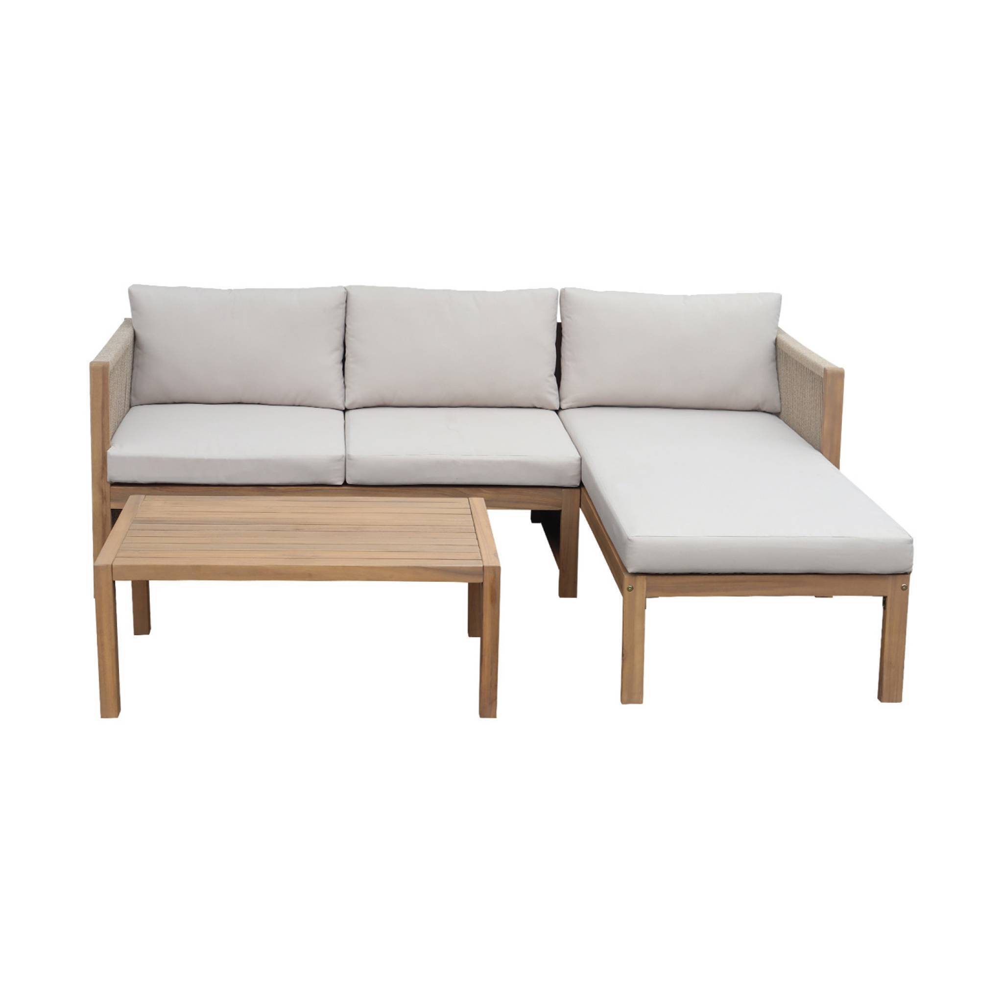 Salon de jardin d'angle bois d'acacia. corde et polyester 3 places table rectangulaire naturel et beige | sweeek - Image 3