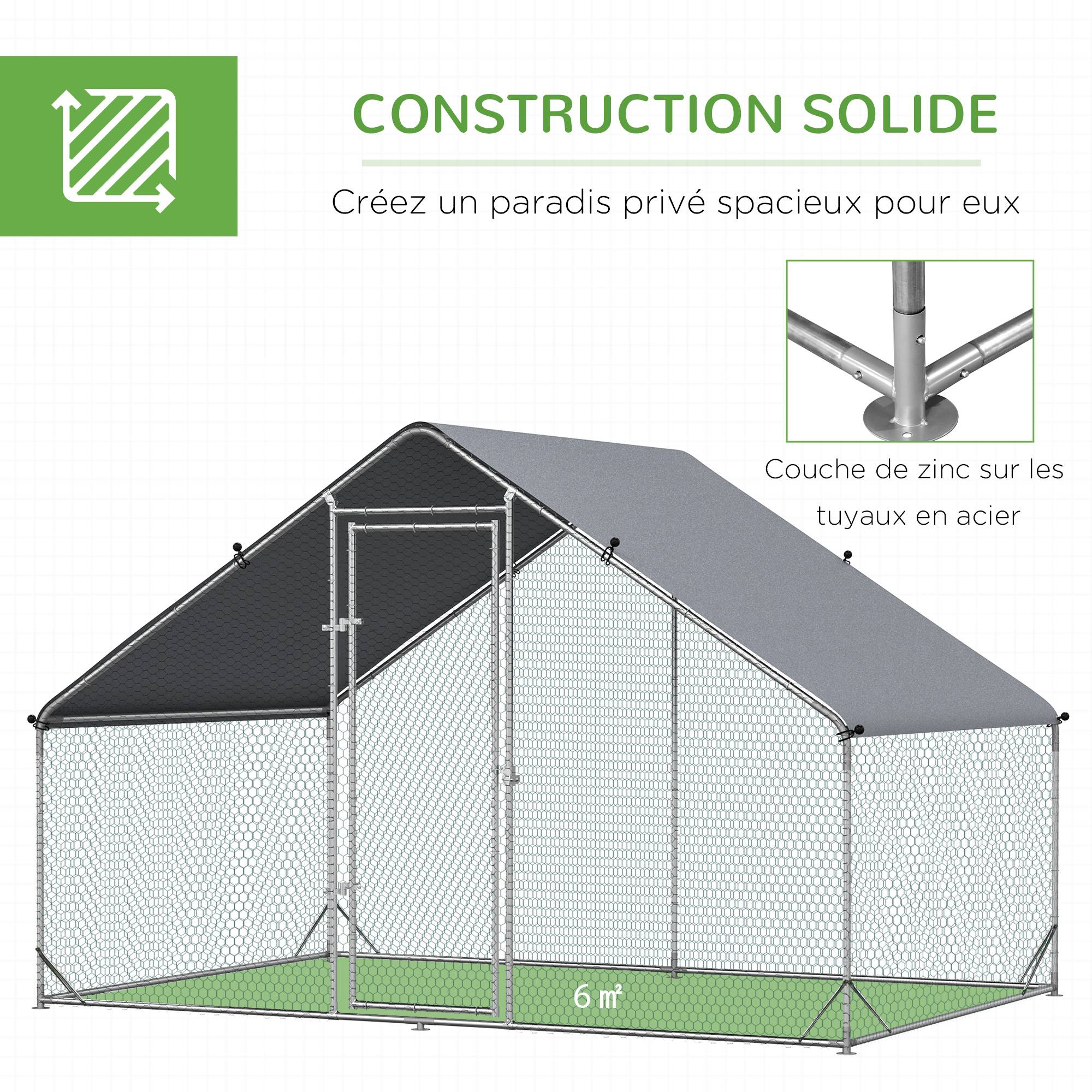 Enclos poulailler chenil volière extérieur 6 m² - Parc grillagé dim. 3L x 2l x 2H m - Espace Couvert - Acier galvanisé - Image 8