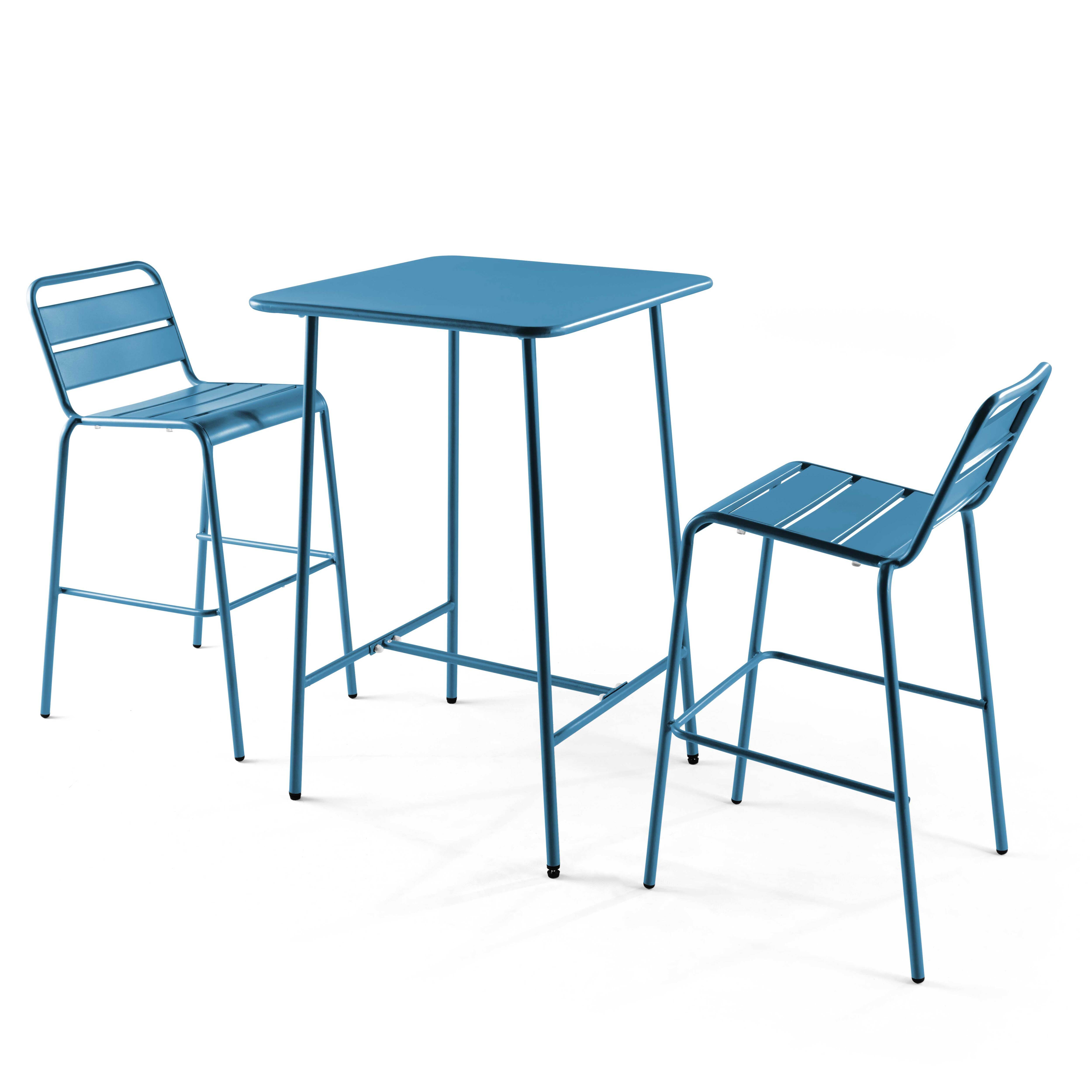 Oviala - Ensemble table de bar et 2 chaises hautes en métal bleu pacific Palavas - Oviala - Imagen 1
