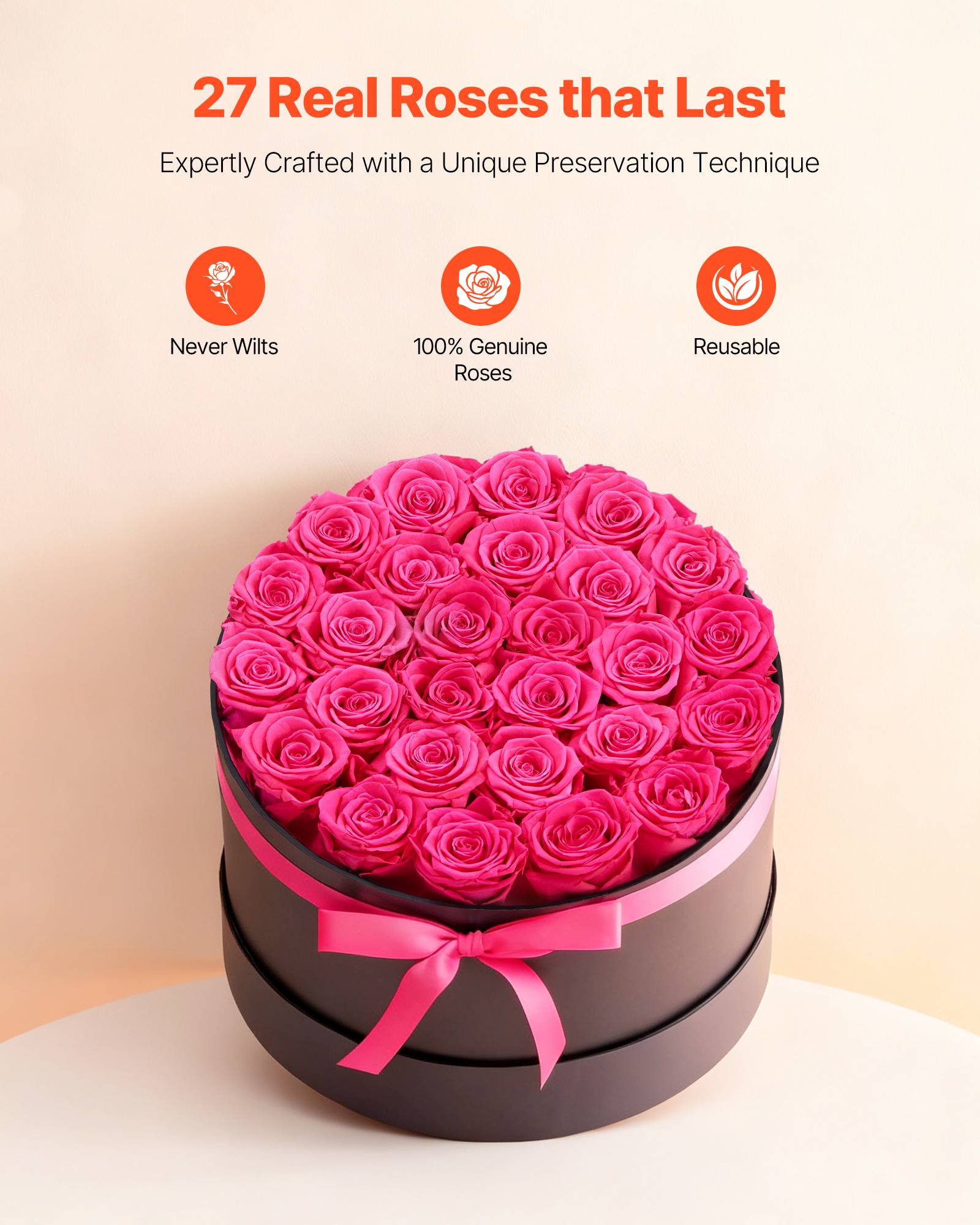 VEVOR Rose Éternelle Fleurs Éternelles Préservées 27 PCS Boîte Ronde Rouge Rose - Image 2
