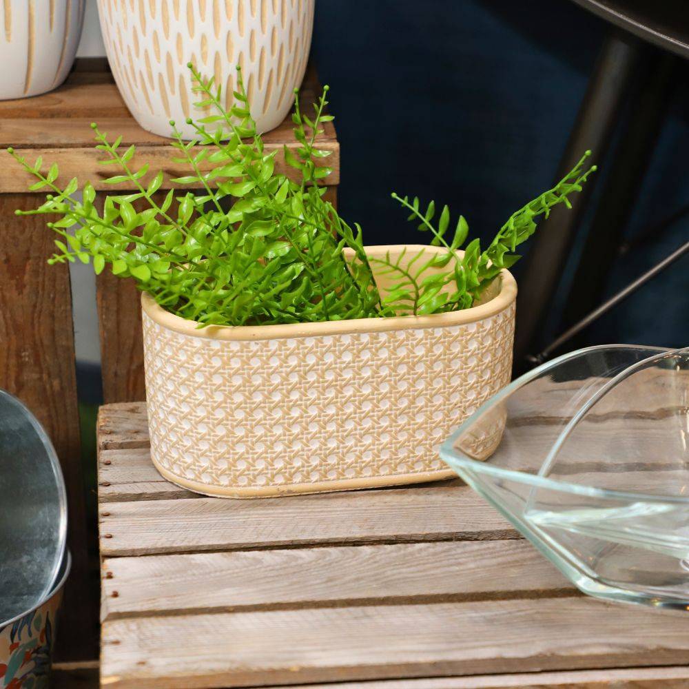 Jardinière "Cannage" béton beige et blanc 26.5 x 15 x 13 cm Chemin de campagne - Imagen 2