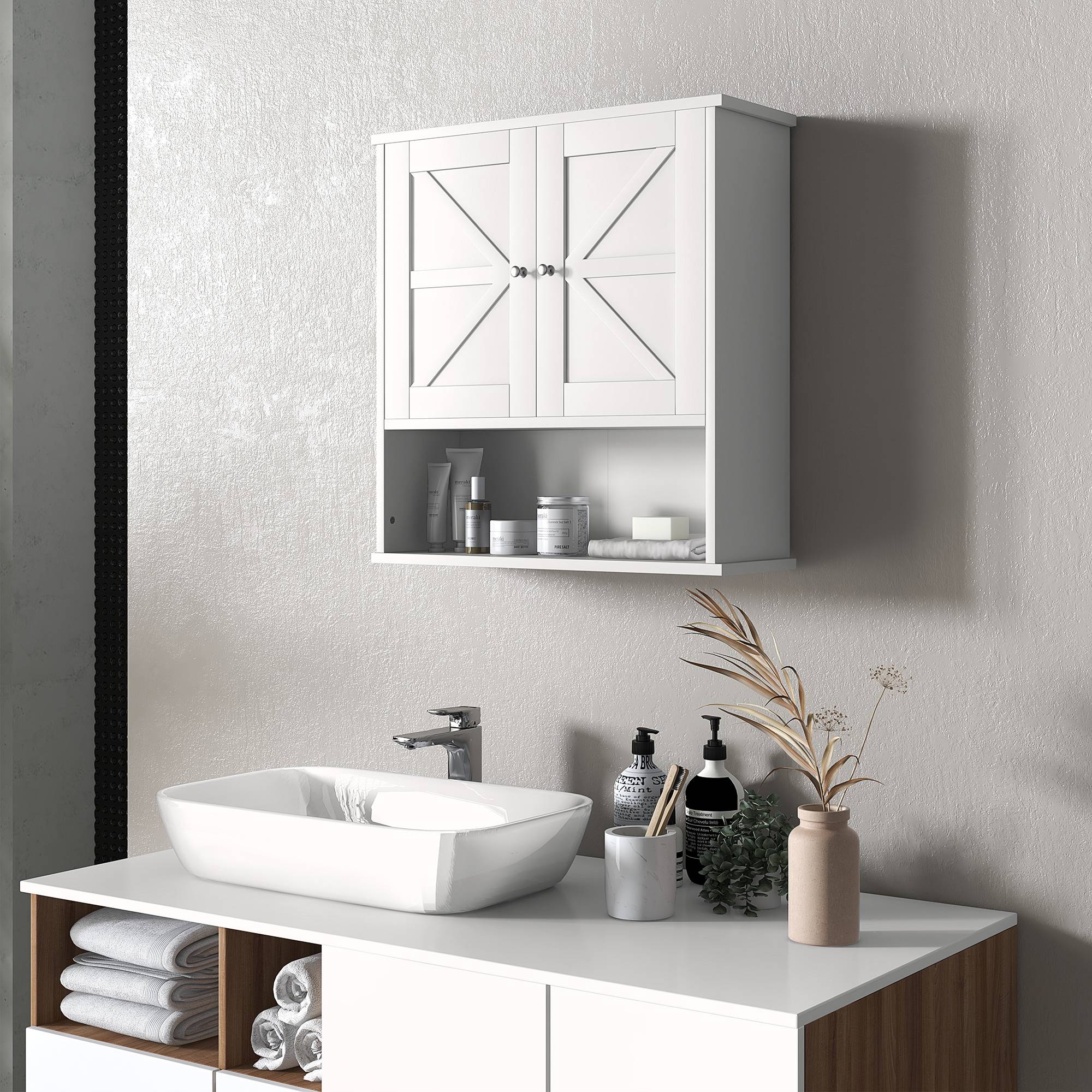 Sans Marque - Meuble salle bain mural rustique compartiment réglable 2 portes blanches - Image 3