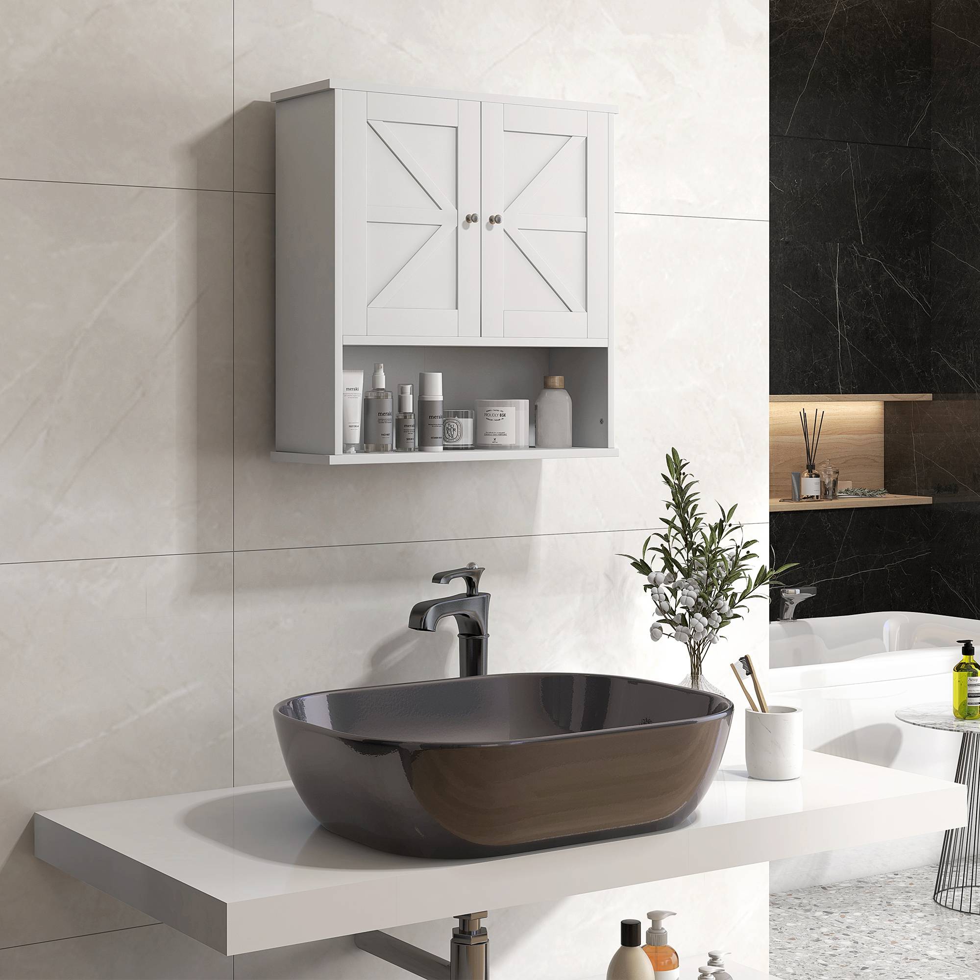 Sans Marque - Meuble salle bain mural rustique compartiment réglable 2 portes blanches - Image 4