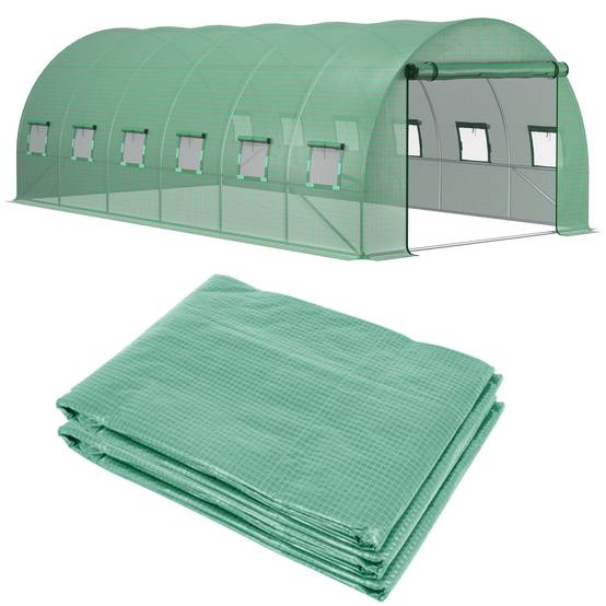 Bâche de Rechange Serre Tunnel 18 m², bâche 6 x 3 x 2 m PE Anti-UV imperméable 12 fenêtres + Porte Enroulable zippée vert - Image 2