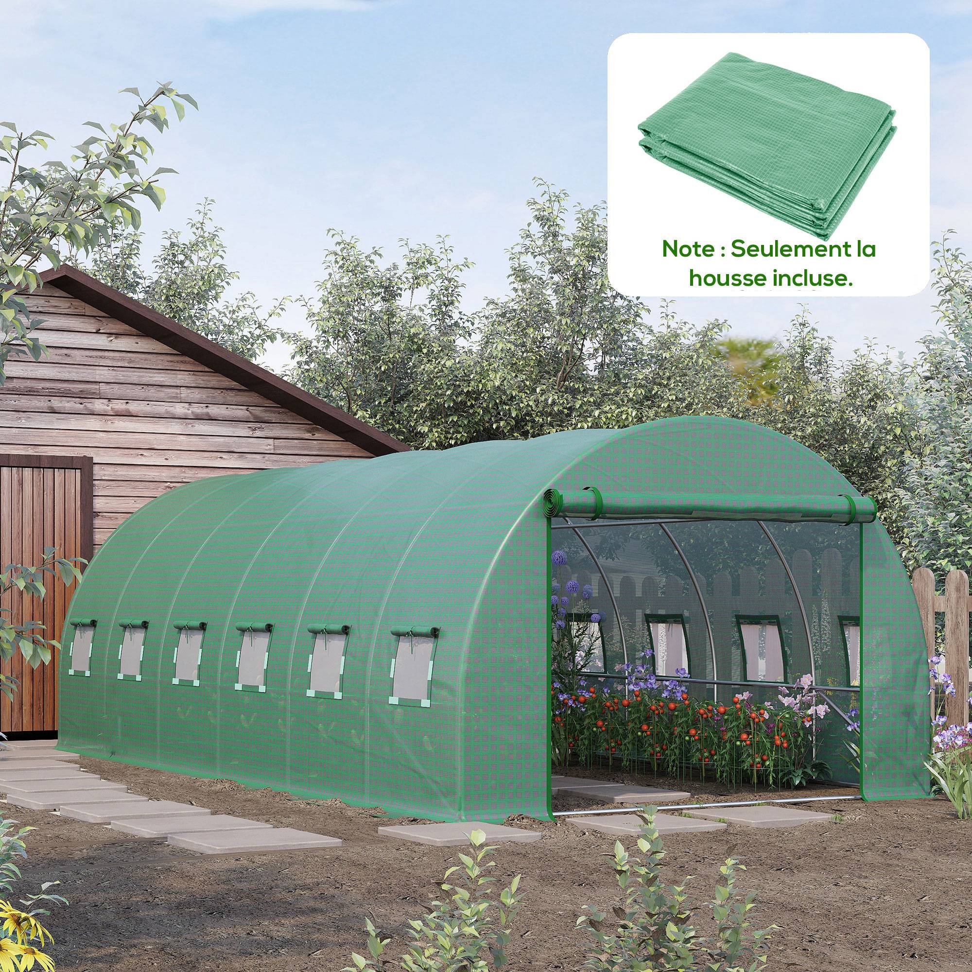 Bâche de Rechange Serre Tunnel 18 m², bâche 6 x 3 x 2 m PE Anti-UV imperméable 12 fenêtres + Porte Enroulable zippée vert - Image 3