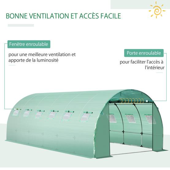 Bâche de Rechange Serre Tunnel 18 m², bâche 6 x 3 x 2 m PE Anti-UV imperméable 12 fenêtres + Porte Enroulable zippée vert - Image 7